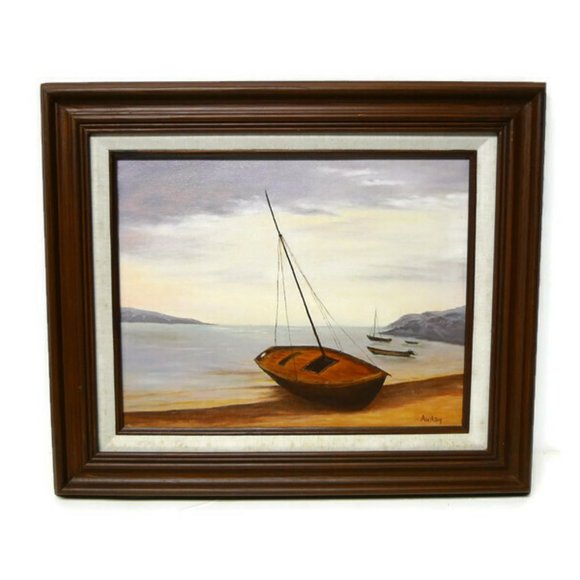 1991 Sailboat on Shore painting . wood framed